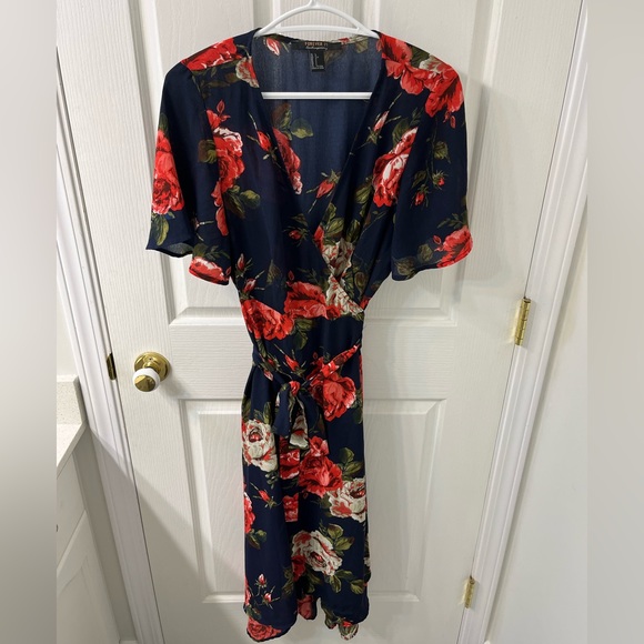 Navy blue floral wrap dress size L - Picture 1 of 3